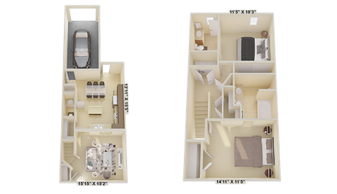 Floor plan for 2 beds, 2.5 baths, 1197 sqft